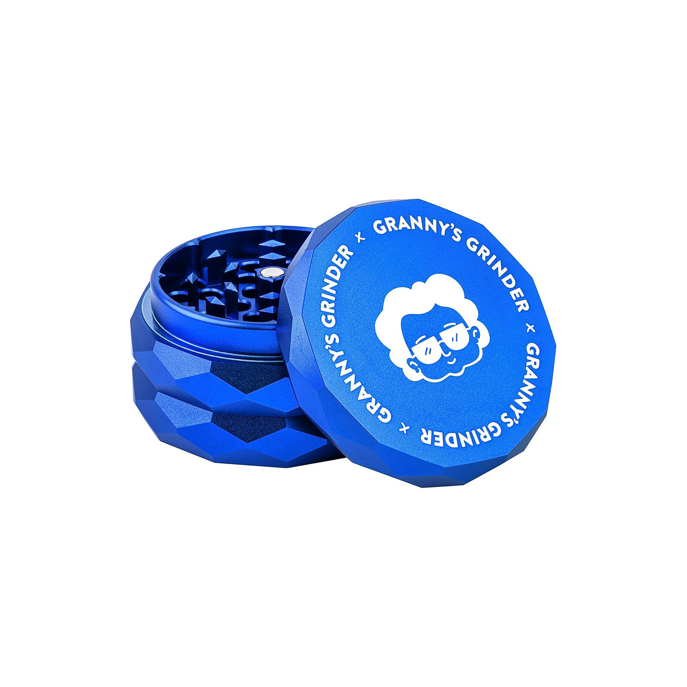 Grannys Weed Aluminium Grinder 63 mm – Lila, 4-teilig mit Pollensieb Blau