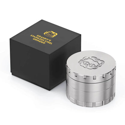 Granny’s Edelstahl Grinder 4-teilig – 63mm Ansicht mit Box