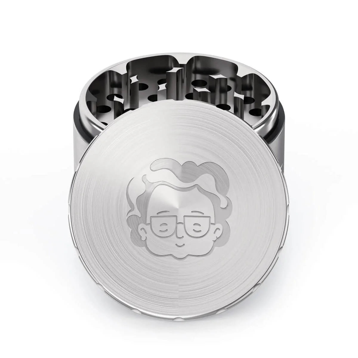 Granny’s Edelstahl Grinder 4-teilig – 63mm Ansicht vorne mit Deckel ab